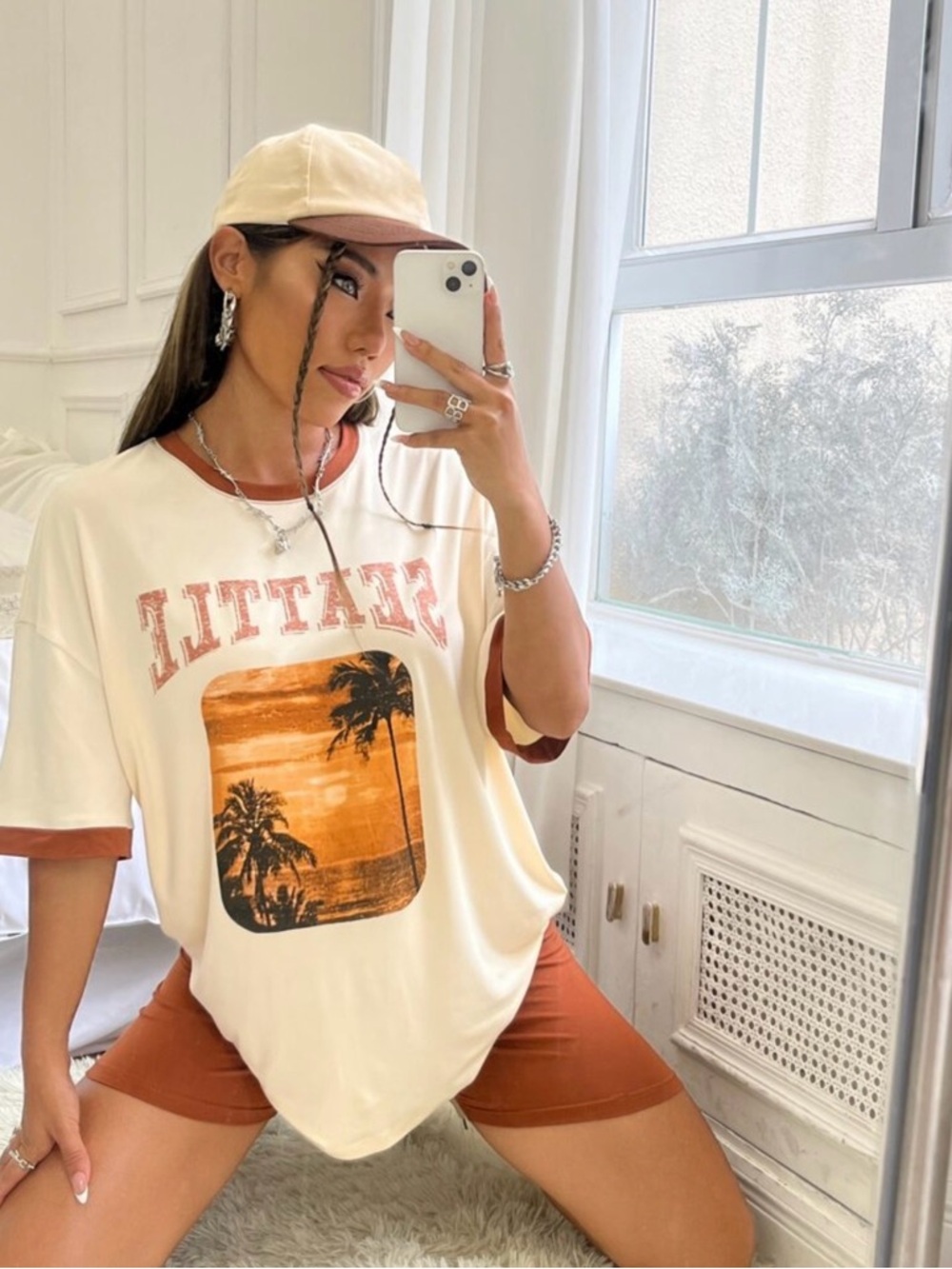 Cream and Rust Palm Graphic Ringer Tee
